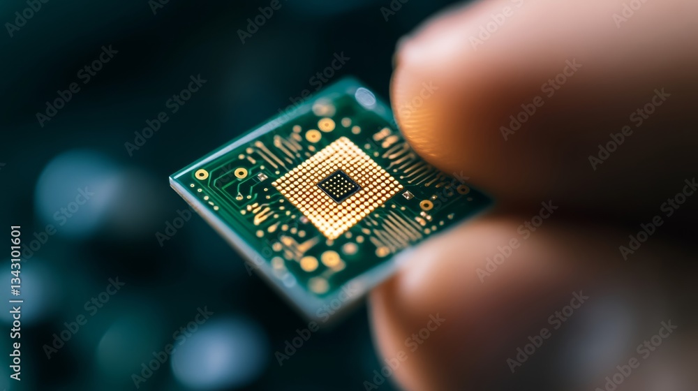Poster elegant a close up of a scientists hand holding a tiny quantum chip with gold circuits under a magni