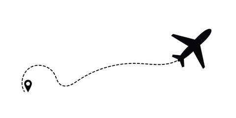 Airplane routes in dashed line trace. Plane route lines of aircraft tracking, location pins, planes, travel, map pins on white background. Vector illustration for infographic, map, track in eps 10.