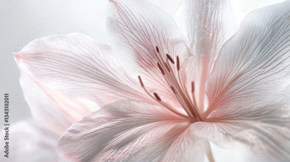 Poster A close-up view captures the intricate details of a soft pink flower, showcasing its delicate petals and subtle variations in color