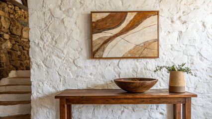 Textured white and brown plaster wall featuring abstract art, complemented by a wooden bowl on an elegant table, creating a sophisticated, minimalist, and earthy interior design composition.