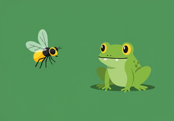 Green Frog and Yellow Insect on Green Background Pixel Art Illustration