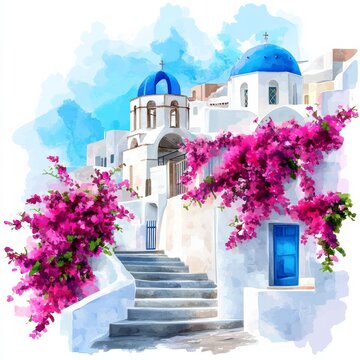 Fototapeta Watercolor Greek island with white buildings and blue domes, bougainvillea, stairs, isolated on background