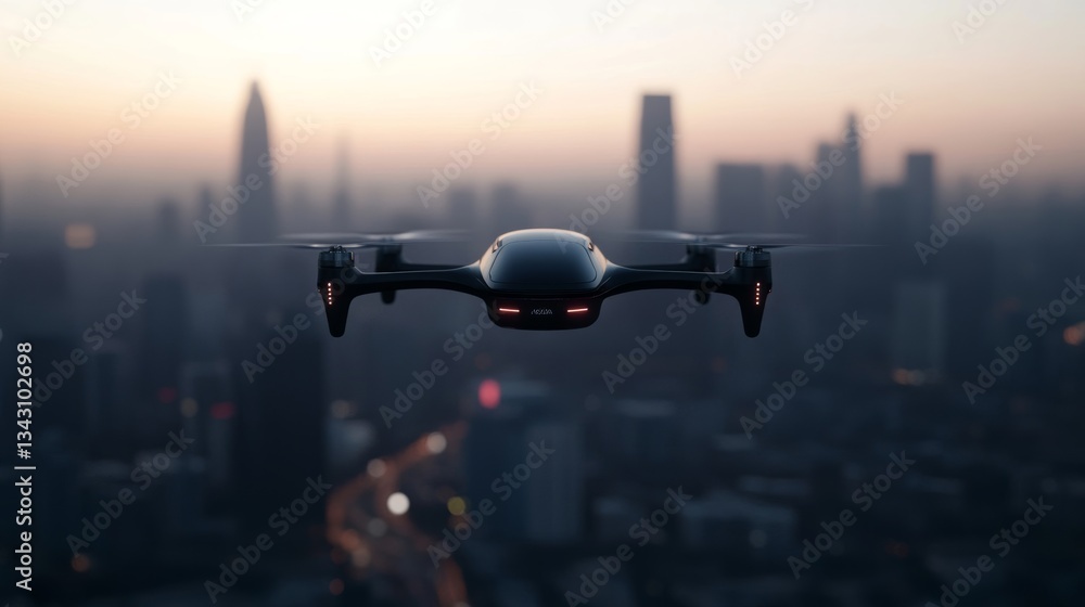Poster elegant a drone flying over a smart city connected to a 5g network enabling real time data transmiss