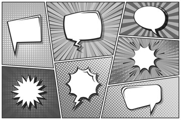 Cartoon comic backgrounds set. Speech bubble. Comics book black and white poster with halftone elements and radial lines. Retro Pop Art style. Vector illustration
