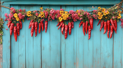 Red Chili Peppers and Flowers Garland on a Blue Wooden Wall