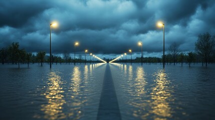 Obraz premium Elegant A flooded street after a severe thunderstorm with streetlights reflecting on the wet pavement and dark clouds still looming overhead 