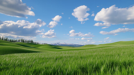 Fototapeta premium serene landscape with rolling green hills under clear blue sky, dotted with fluffy white clouds, creating peaceful and inspiring scene