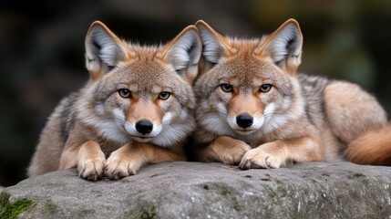 Obraz premium Two Coyotes Resting on a Rock