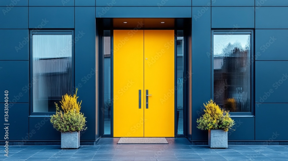 Poster a striking yellow door stands proudly, contrasting with the dark facade of a modern building. two pl