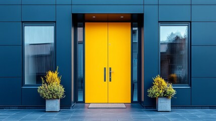 A striking yellow door stands proudly, contrasting with the dark facade of a modern building. Two planters filled with greenery enhance the inviting atmosphere, creating an appealing entryway