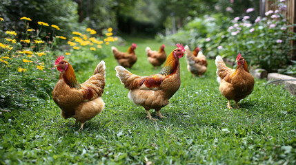 Fototapeta premium Chickens walking in garden with flowers, showcasing vibrant backyard scene