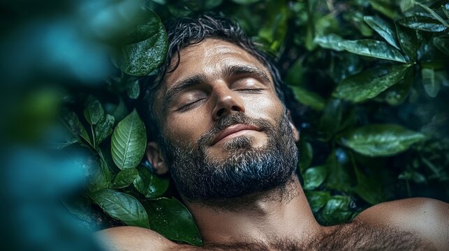Elegant A mystical representation of Geb the earth god lying beneath Nut with lush green vegetation growing from his skin 