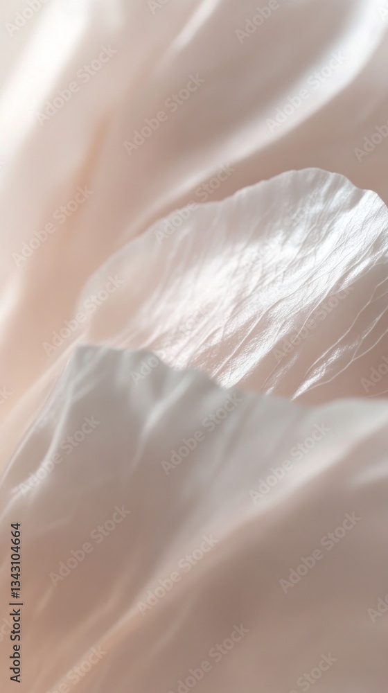 Poster soft layers of translucent material gracefully cascade, reflecting gentle light in a warm ambiance. 