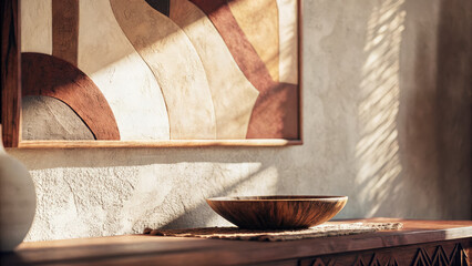 Textured white and brown plaster wall featuring abstract art, complemented by a wooden bowl on an elegant table, creating a sophisticated, minimalist, and earthy interior design composition.
