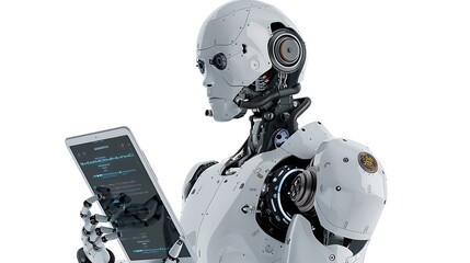 Photograph of an AI robot holding an iPad and talking on a phone, isolated against a white background. Ultra-realistic photography.