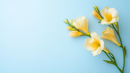 Fototapeta premium Space Yellow Freesia Overview Text Blue Green Right
