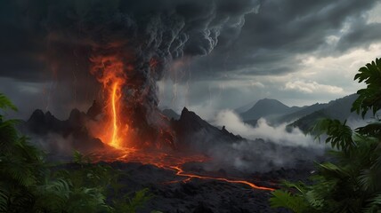 Volcanic Eruption  Tropical Landscape  Lightning Storm  Lava Flow