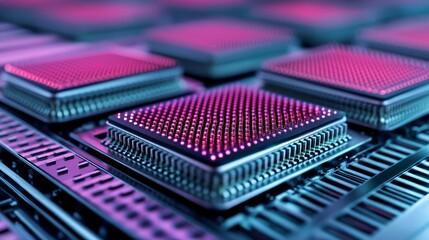 Elegant A quantum computing lab with an array of interconnected photonic chips glowing under ultraviolet light symbolizing the future of computing 