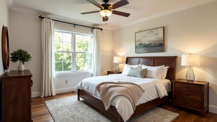 
Bedroom in warm colors. Hotel. Bedroom in Arafed style with a bed, chest of drawers and ceiling fan.
