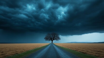 Elegant A rural road disappearing into a menacing thunderstorm with windblown trees bending under the force of the approaching storm 