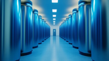 Elegant A room filled with futuristic quantum servers emitting soft blue light with liquid nitrogen tanks nearby for cooling systems 