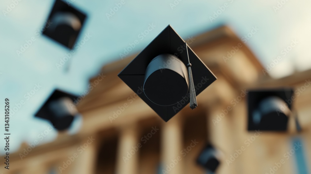 Poster elegant a slow motion capture of graduation caps mid air with hands reaching up in excitement and a 
