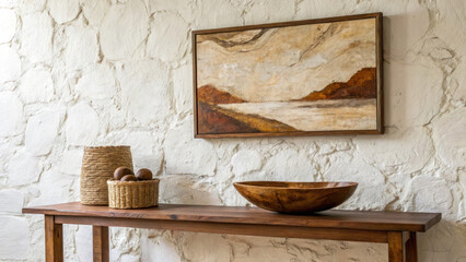 Textured white and brown plaster wall featuring abstract art, complemented by a wooden bowl on an elegant table, creating a sophisticated, minimalist, and earthy interior design composition.