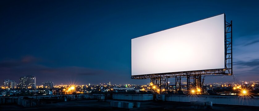 Large Empty Billboard Overlooking Night Cityscape on Urban Rooftop