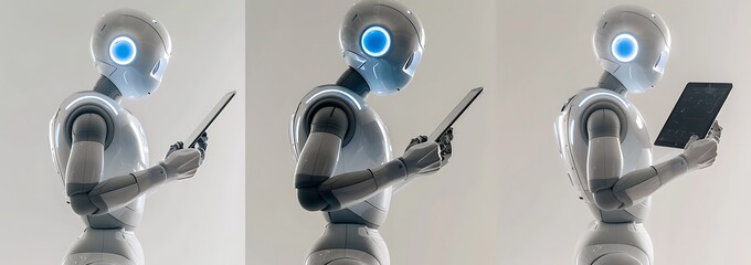 Photograph of an AI robot holding an iPad and talking on a phone, isolated against a white background. Ultra-realistic photography.