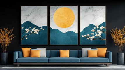 Elegant triptych artwork featuring a serene landscape with gold accents, displayed above a stylish sofa.