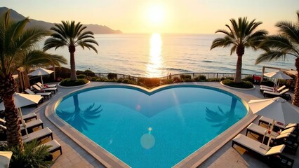 Panoramic pool in the shape of a heart, hotel, morning sun, sea, palm trees