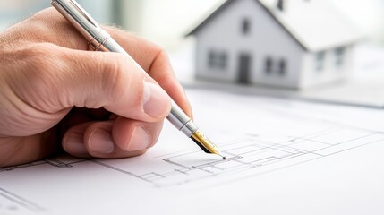 A close-up of a hand holding a pen signing a mortgage document, with a house blueprint in the background,