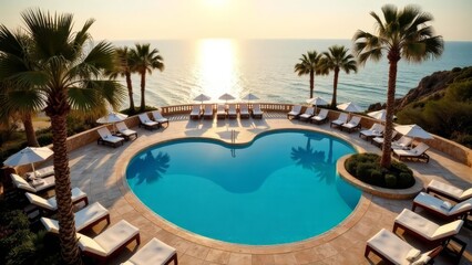 Panoramic pool in the shape of a heart, hotel, morning sun, sea, palm trees