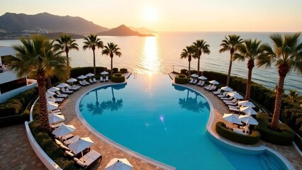 Panoramic pool in the shape of a heart, hotel, morning sun, sea, palm trees