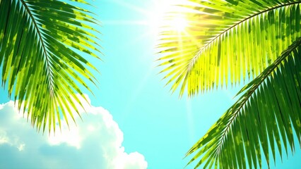 Fototapeta premium Tropical summer with bright palm leaves and sunny skies