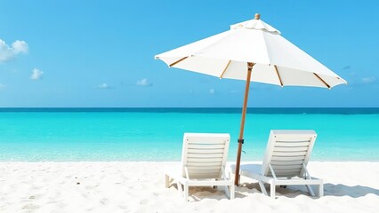 Two white sun loungers and a beach umbrella on a white sand beach with turquoise water. Vacation. Paradise.