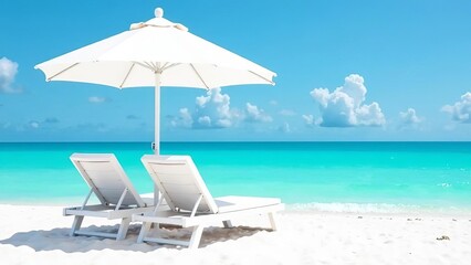 Two white sun loungers and a beach umbrella on a white sand beach with turquoise water. Vacation. Paradise.