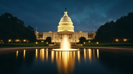 Fototapeta premium Elegant The United States Capitol building illuminated at night with lights glowing against the dark sky and reflecting in a nearby fountain 
