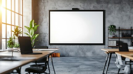Modern Office Space with Interactive Screen and Natural Sunlight