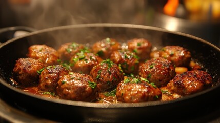 Golden brown and sizzling, juicy meatballs, a culinary masterpiece ready for a feast.