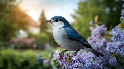 Obraz premium Elegant A bird perched on a branch of a jacaranda tree surrounded by a sea of delicate purple blossoms 