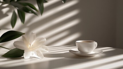 In a peaceful morning setting, a white flower rests beside a warm cup of coffee on a softly lit table. Sunlight casts gentle stripes across the scene, enhancing the serene atmosphere