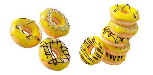 Donuts with yellow lemon glaze, sprinkles, white drizzle, and dots isolated on white transparent background. 3d rendering and illustration of dessert variety