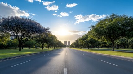Elegant A breathtaking sunset over a jacaranda lined boulevard the warm golden light blending beautifully with the trees violet hues 