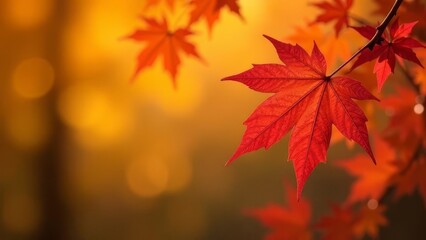 Fototapeta premium Autumn postcard. Wooden table with orange leaves and blurred autumn background