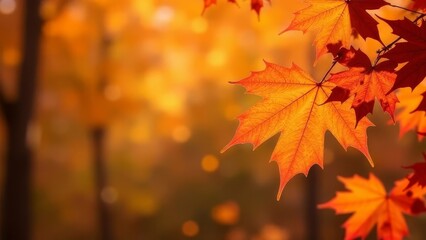 Obraz premium Autumn postcard. Wooden table with orange leaves and blurred autumn background