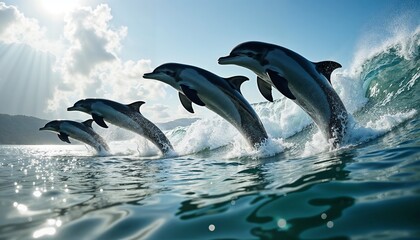 Fototapeta premium Four dolphins leaping out of the ocean waves in unison under a bright sky 