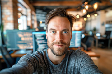 Obraz premium A confident young Caucasian man with a beard smiles in a modern office setting, showcasing a tech-savvy work environment.
