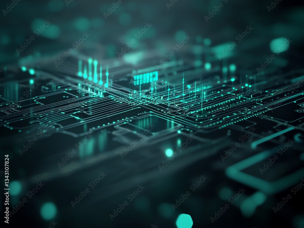 Poster exploring glowing green circuit board design representing high tech innovation