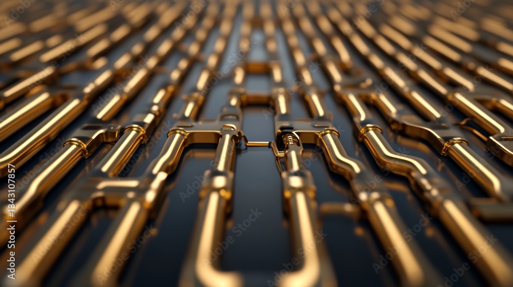 Poster elegant a detailed shot of superconducting qubits on a quantum processor with gold and silver wiring